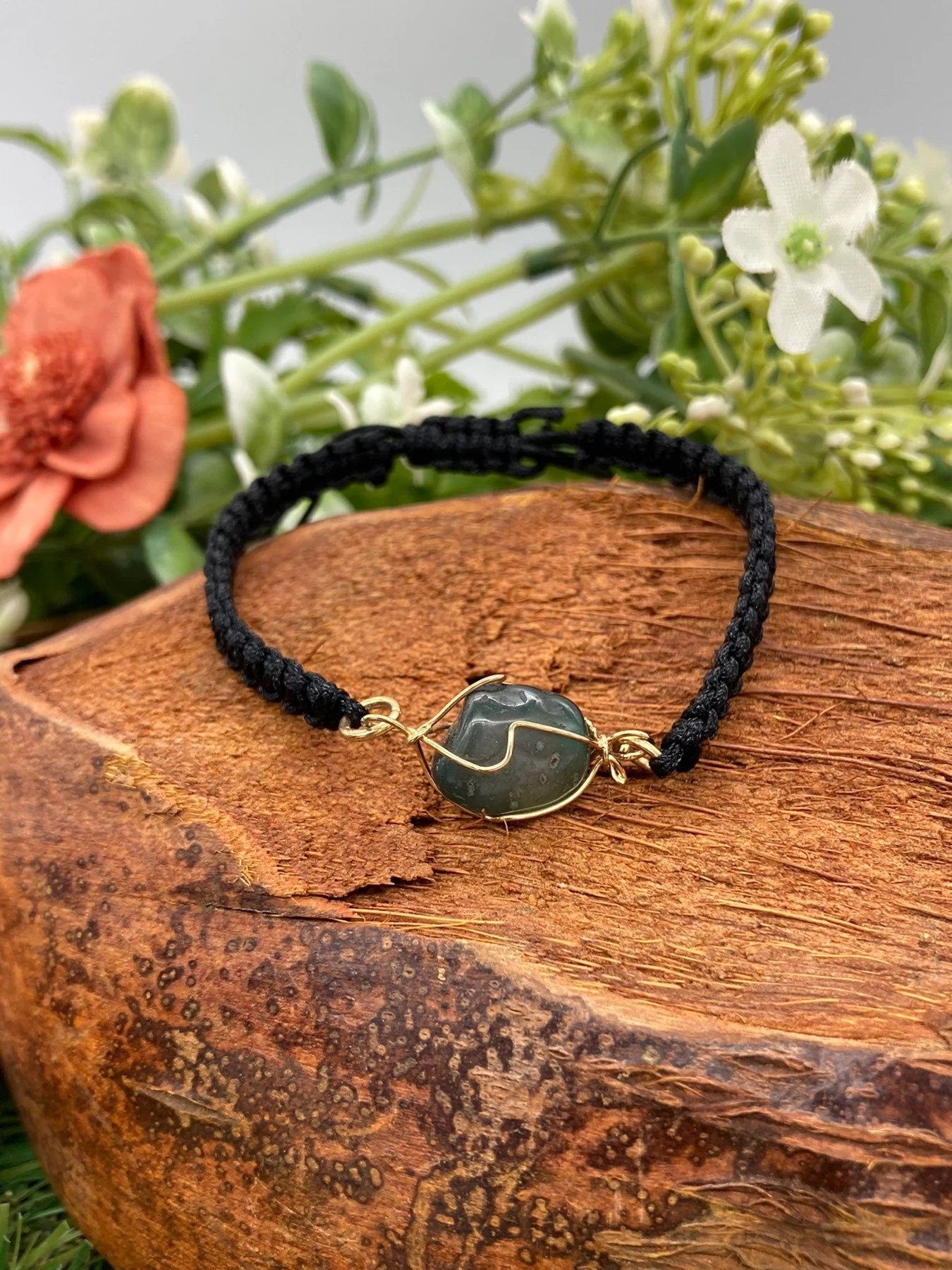 Green Aventurine Crystal Macrame  Bracelet with Gold Plated Wrap