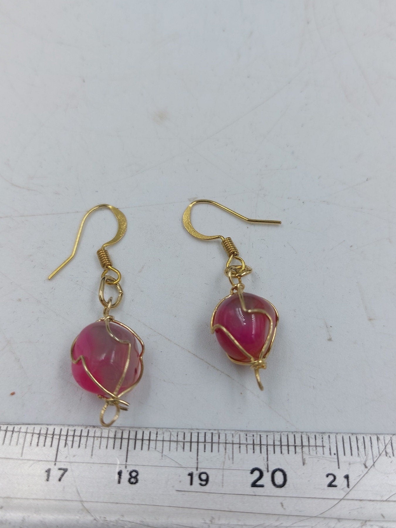 Pink Agate Crystal Earrings Gold Plated Handmade
