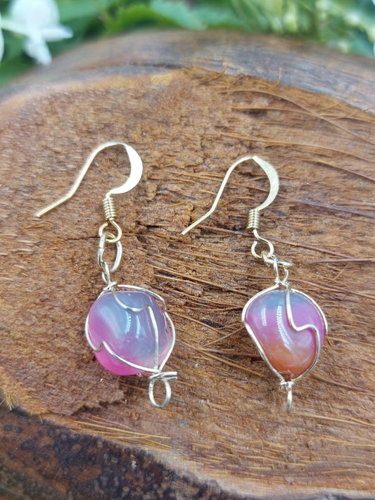 Pink Agate Crystal Earrings Gold Plated Handmade