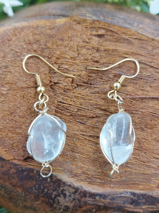 Clear Quartz Crystal Earrings Gold Plated Handmade