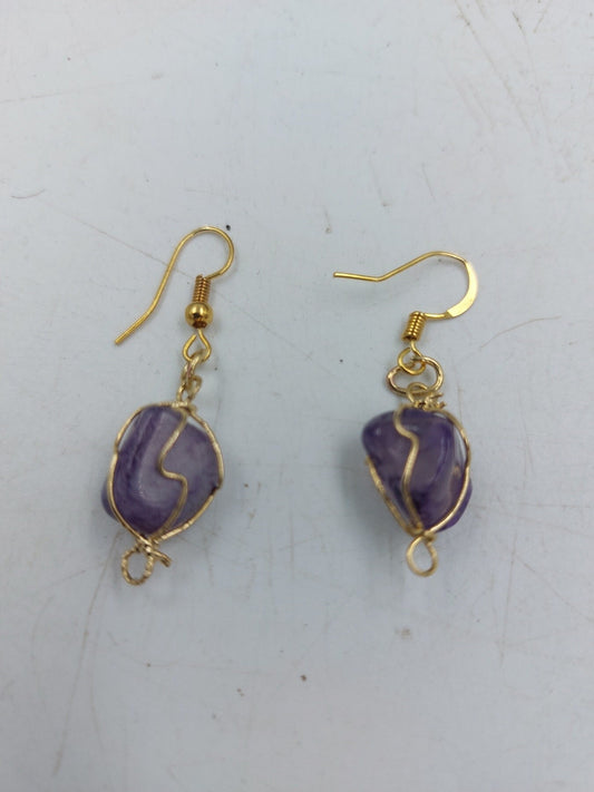 Purple Agate Crystal Earrings Gold Plated Handmade