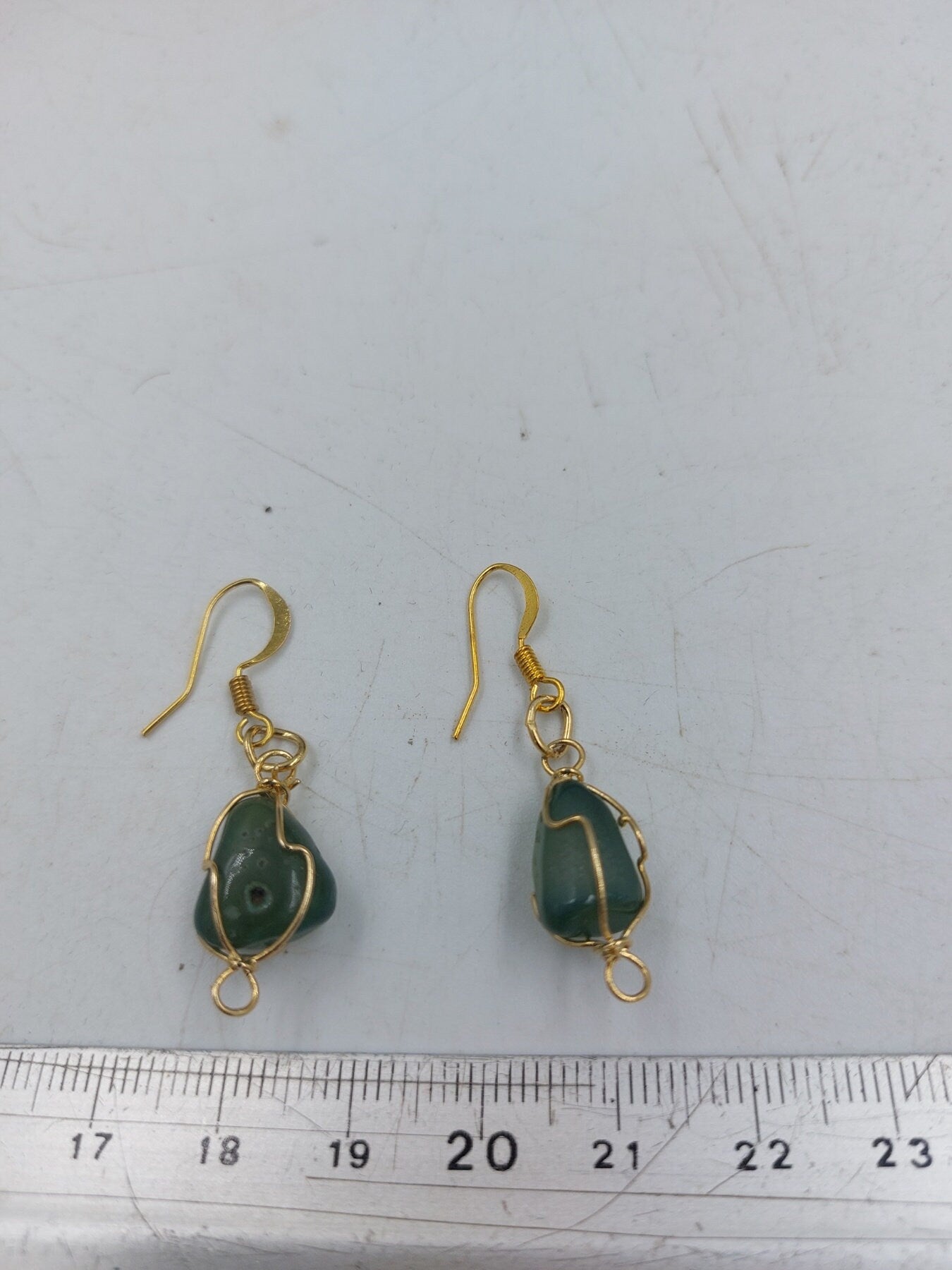 Green Agate Crystal Earrings Gold Plated Handmade