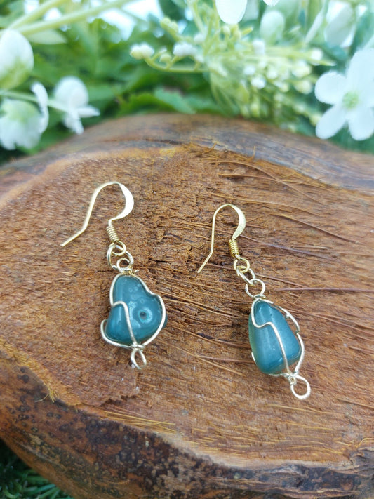 Green Agate Crystal Earrings Gold Plated Handmade