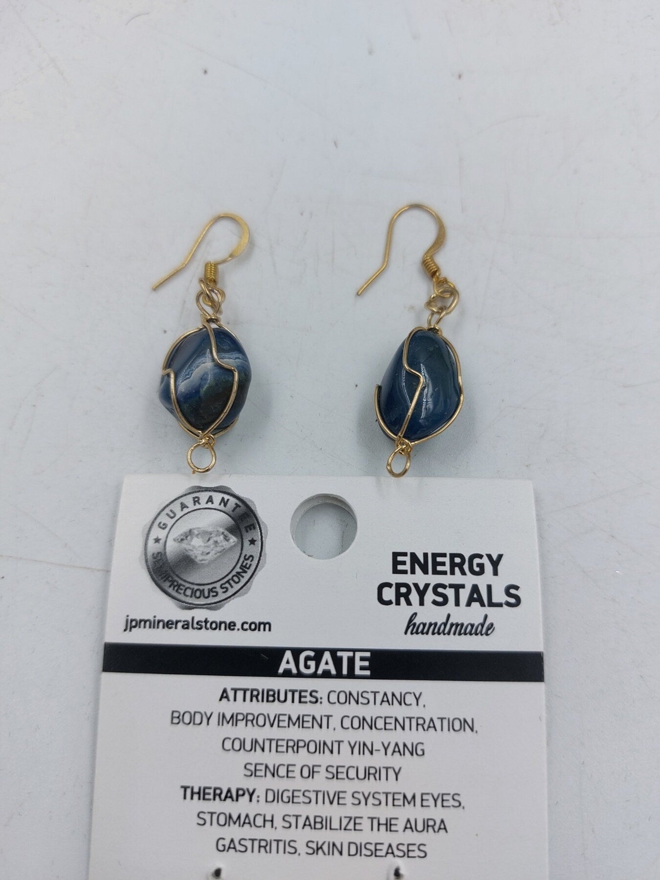 Blue Agate Crystal Earrings Gold Plated Handmade