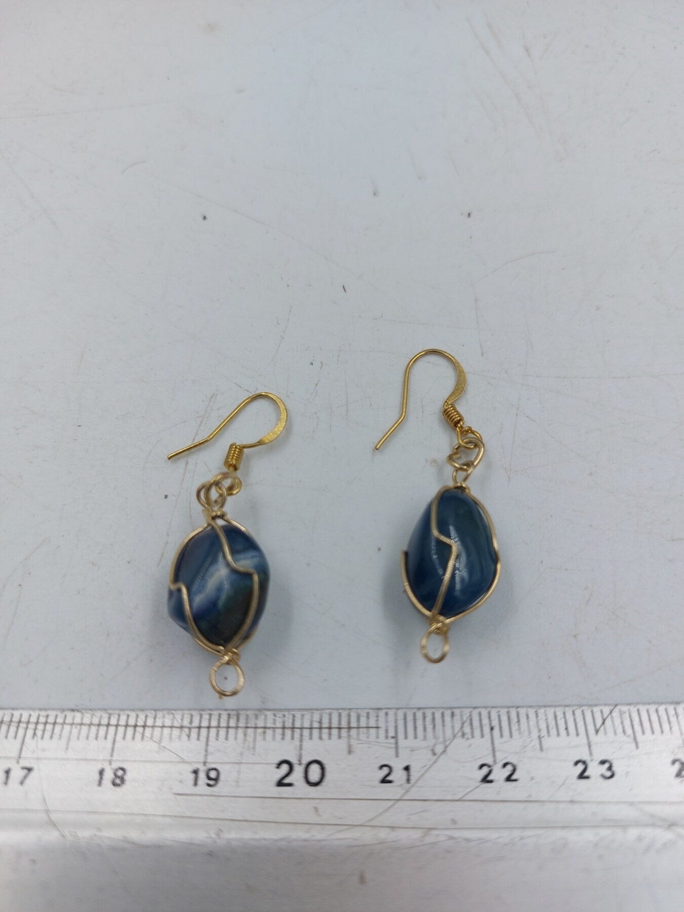 Blue Agate Crystal Earrings Gold Plated Handmade