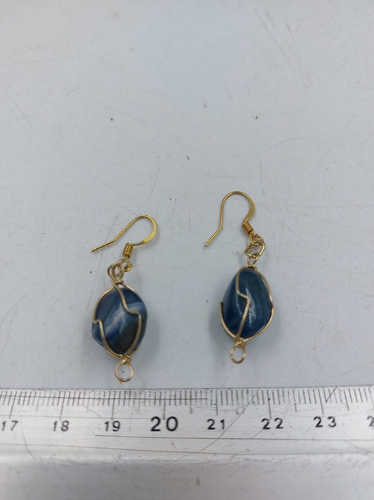 Blue Agate Crystal Earrings Gold Plated Handmade
