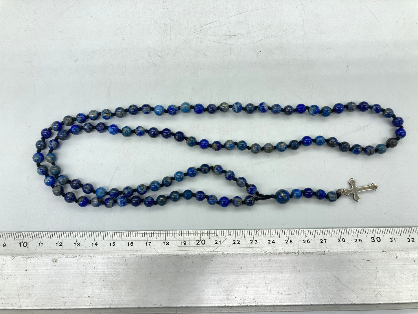 Lapis Lazuli Crystal Rosary Beads with 925 Sterling Silver Medal Cross Piece