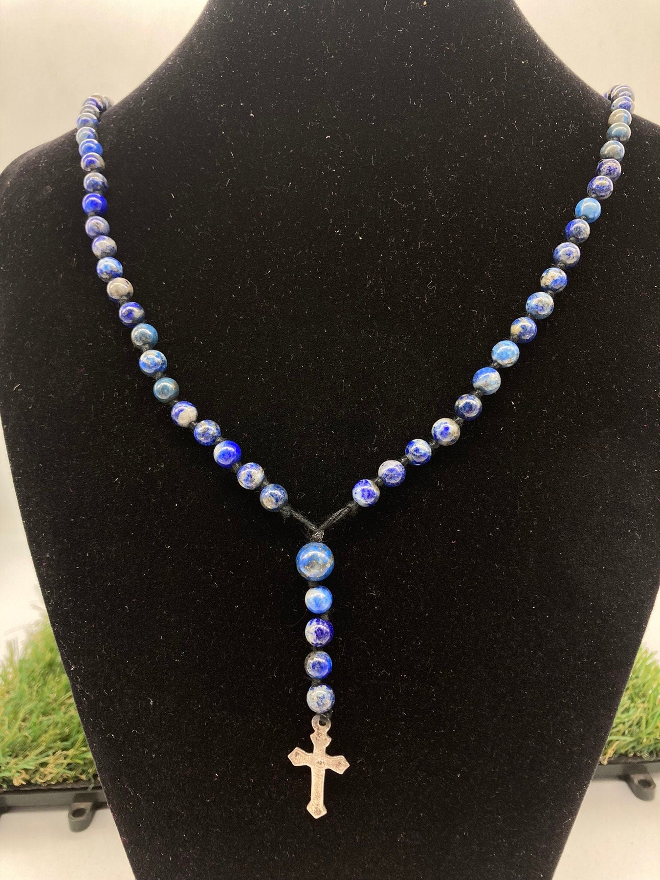 Lapis Lazuli Crystal Rosary Beads with 925 Sterling Silver Medal Cross Piece