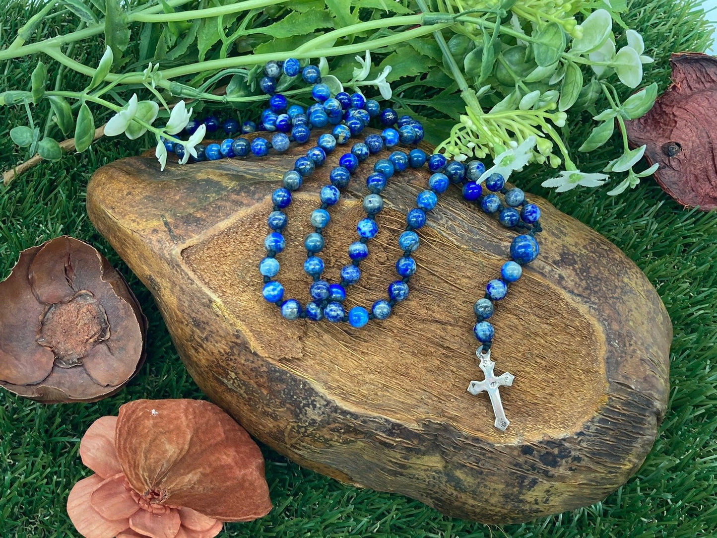 Lapis Lazuli Crystal Rosary Beads with 925 Sterling Silver Medal Cross Piece