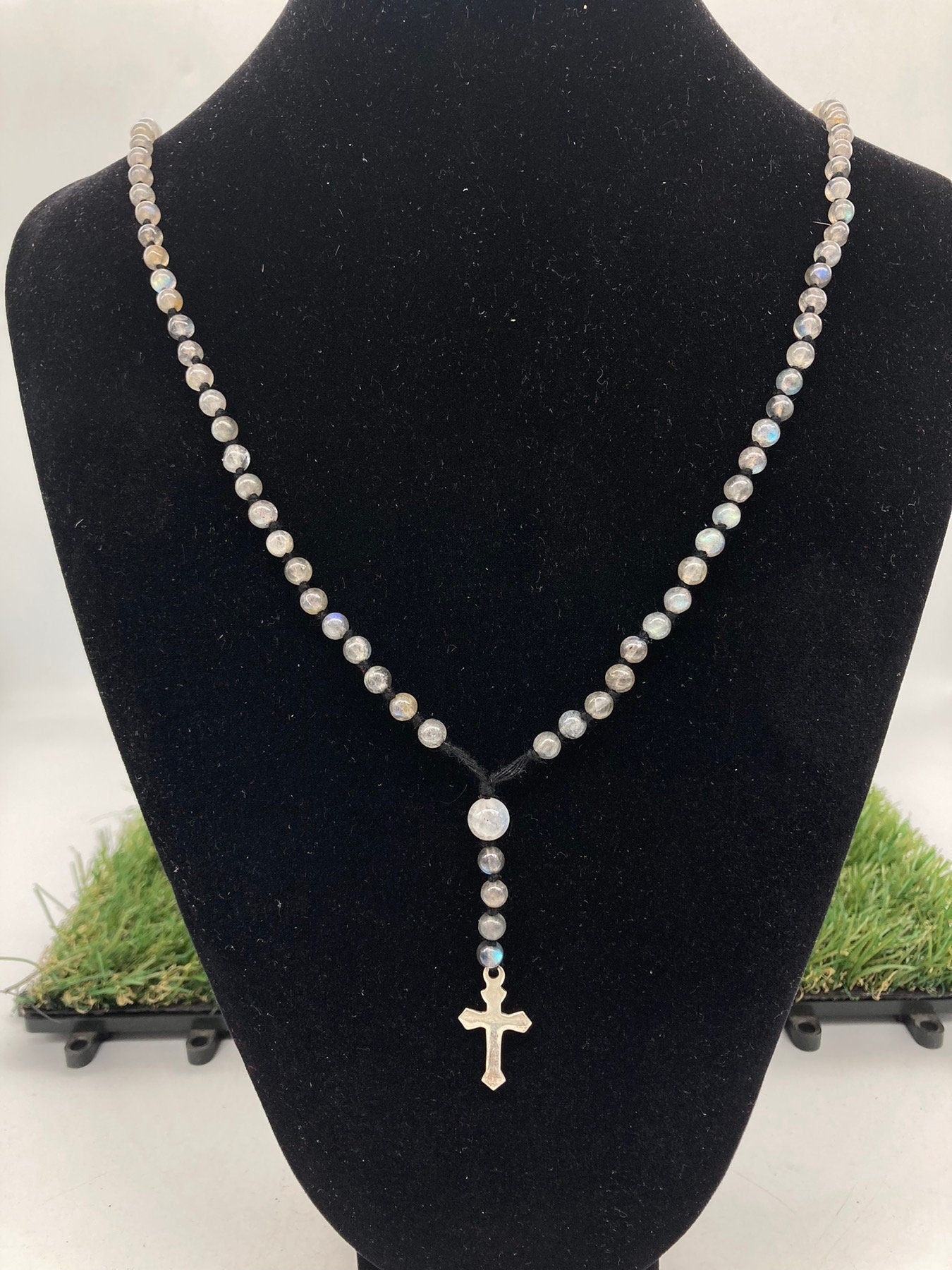Labradorite Crystal Rosary Beads with 925 Sterling Silver Medal Cross Piece