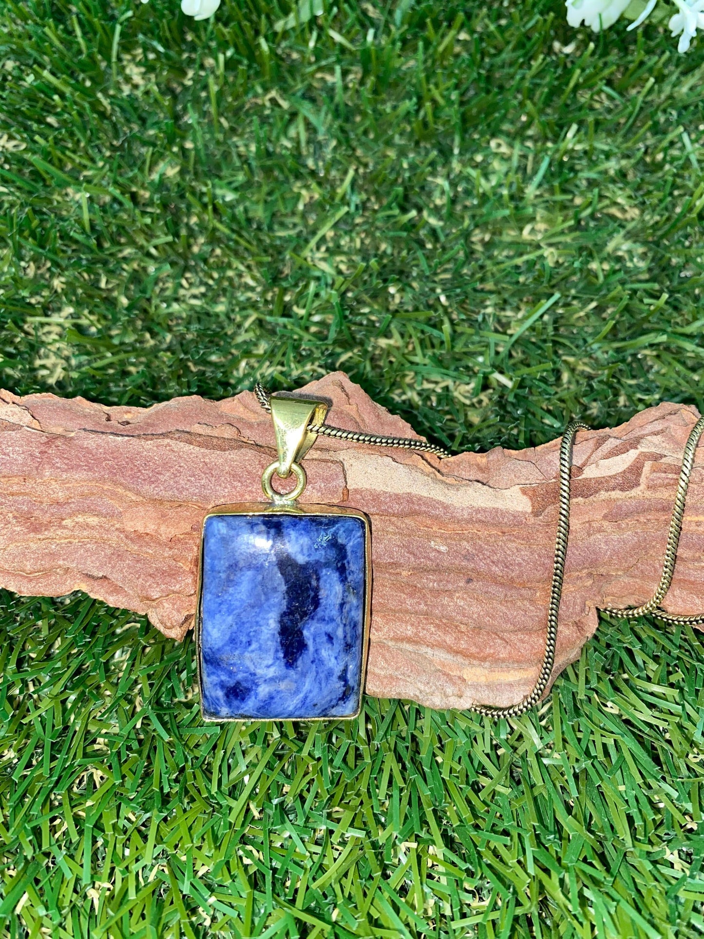 Sodalite Cabochon Cut Brass Necklace  - Brass Chain