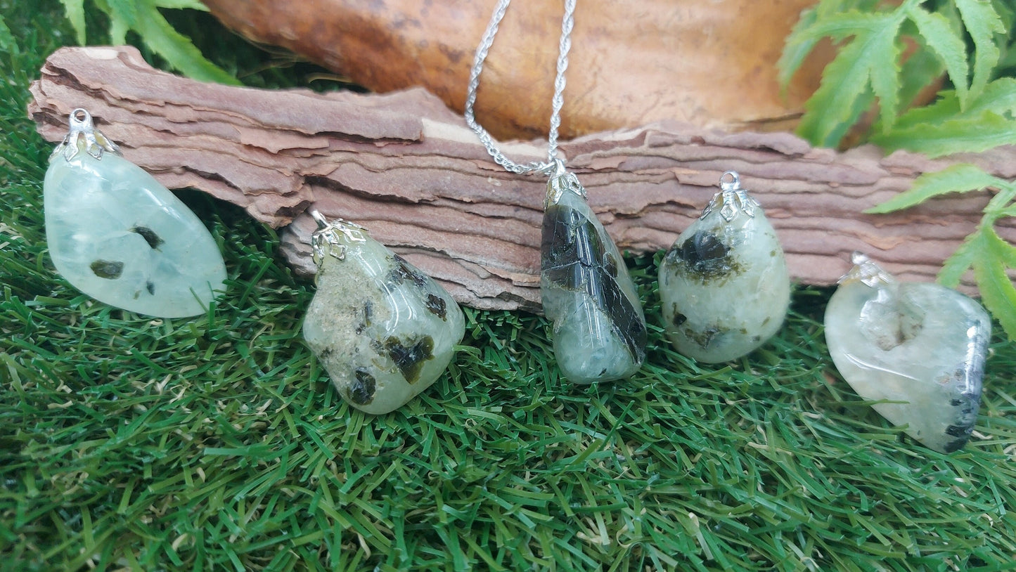 Prehnite with Black Toumaline Crystal Necklace