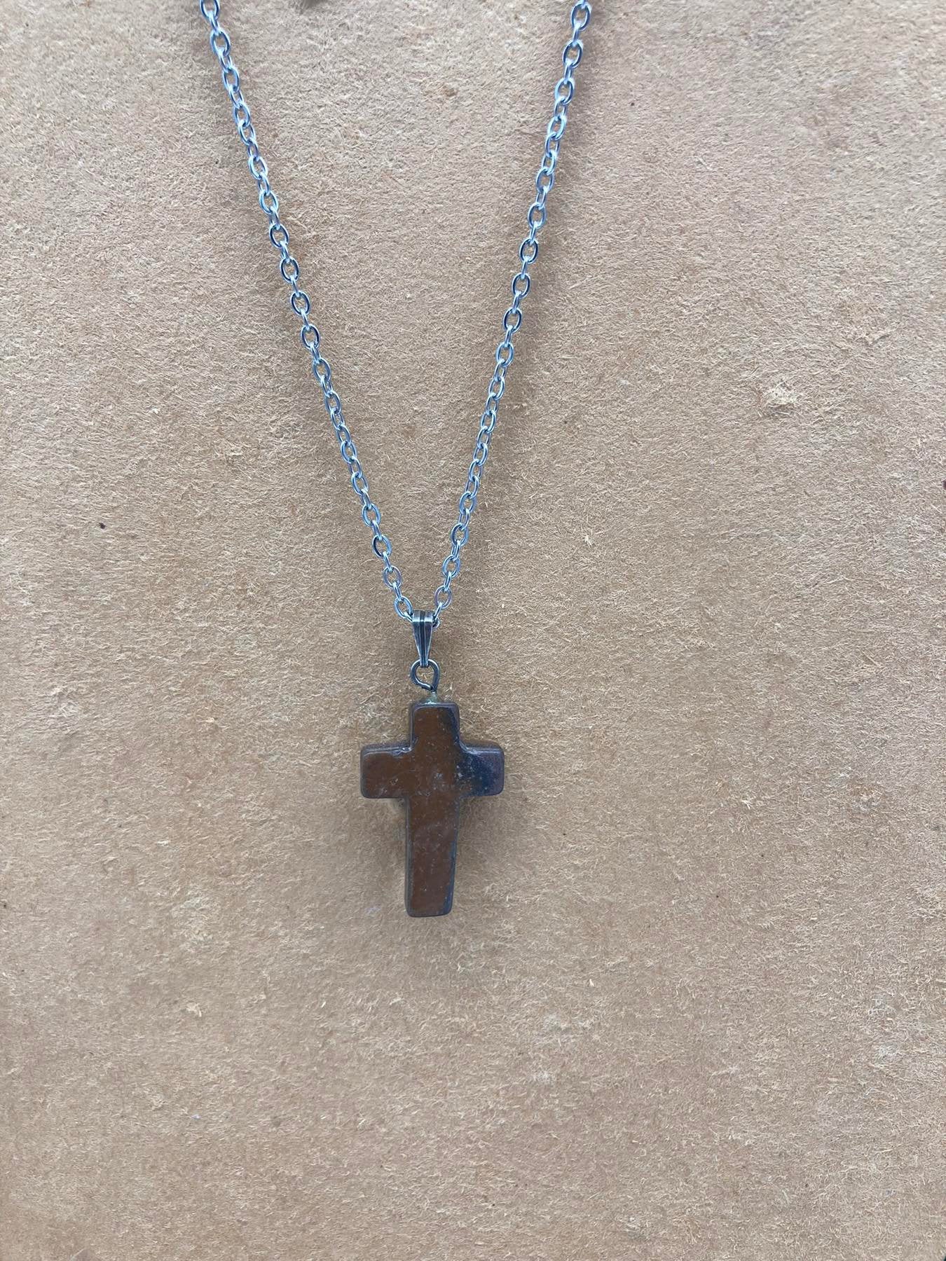 Tiger's Eye Crystal Cross Sterling Steel Necklace