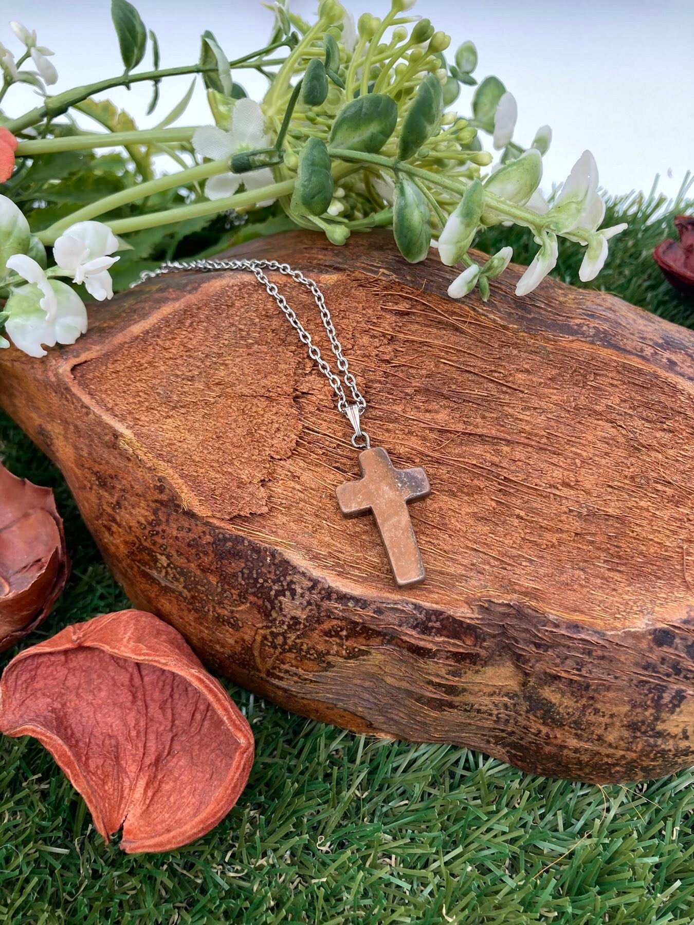 Tiger's Eye Crystal Cross Sterling Steel Necklace