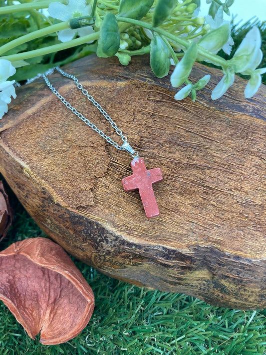 Red Jasper Crystal Cross Sterling Steel Necklace