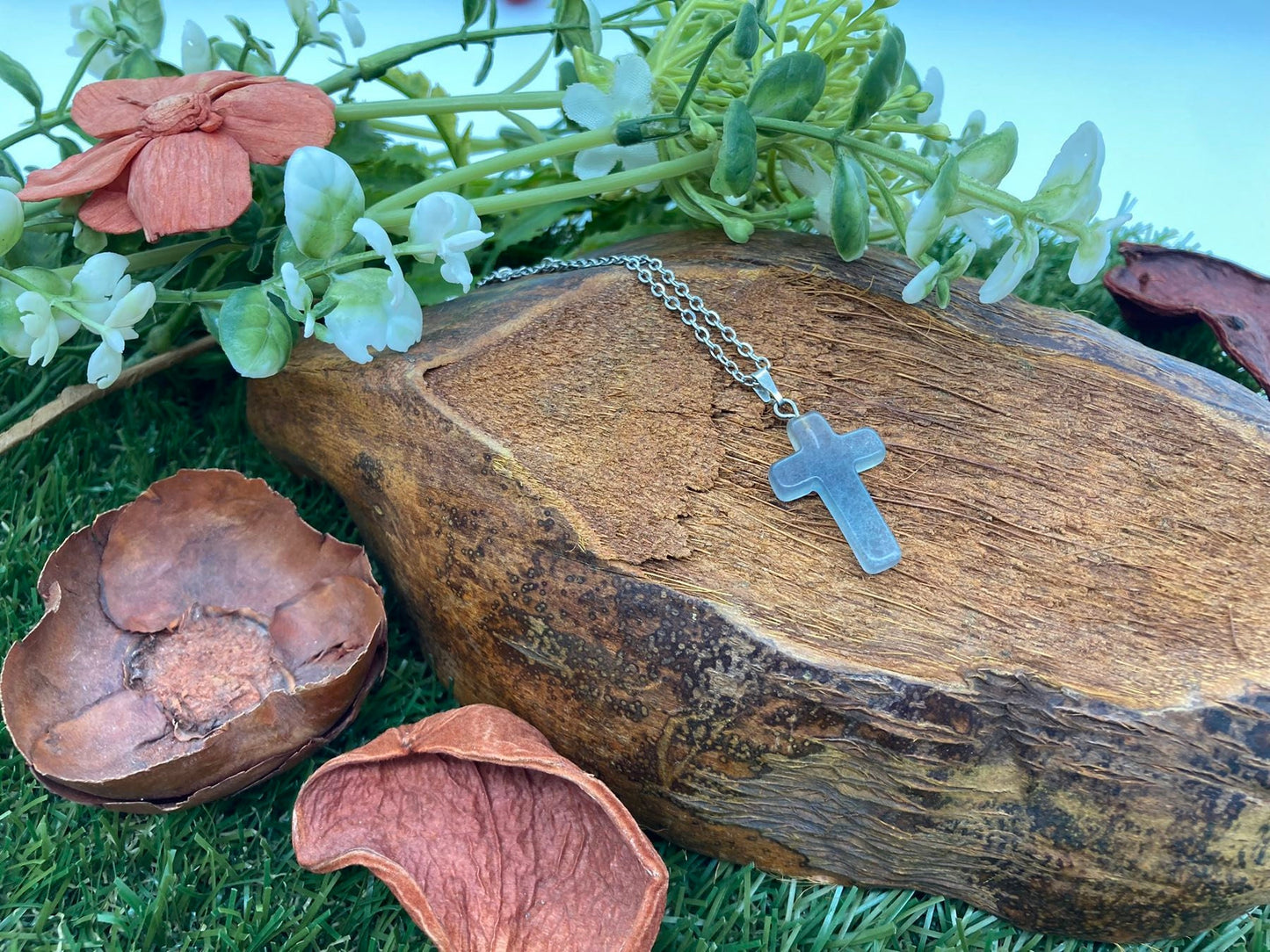 Fluorite Crystal Cross Sterling Steel Necklace