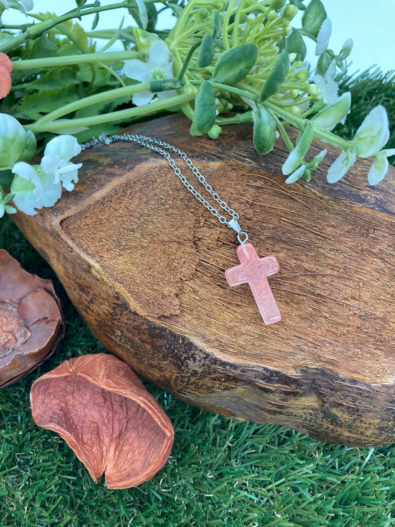 Cherry Quartz Crystal Cross Sterling Steel Necklace