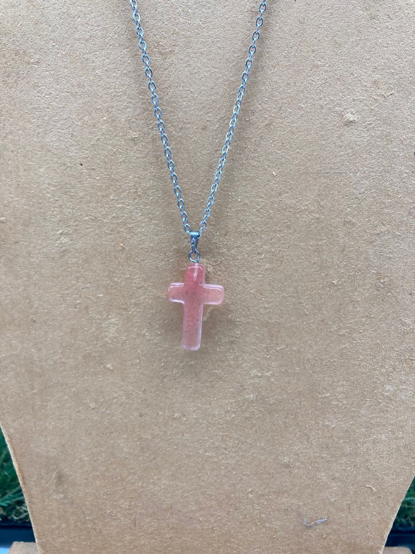 Cherry Quartz Crystal Cross Sterling Steel Necklace
