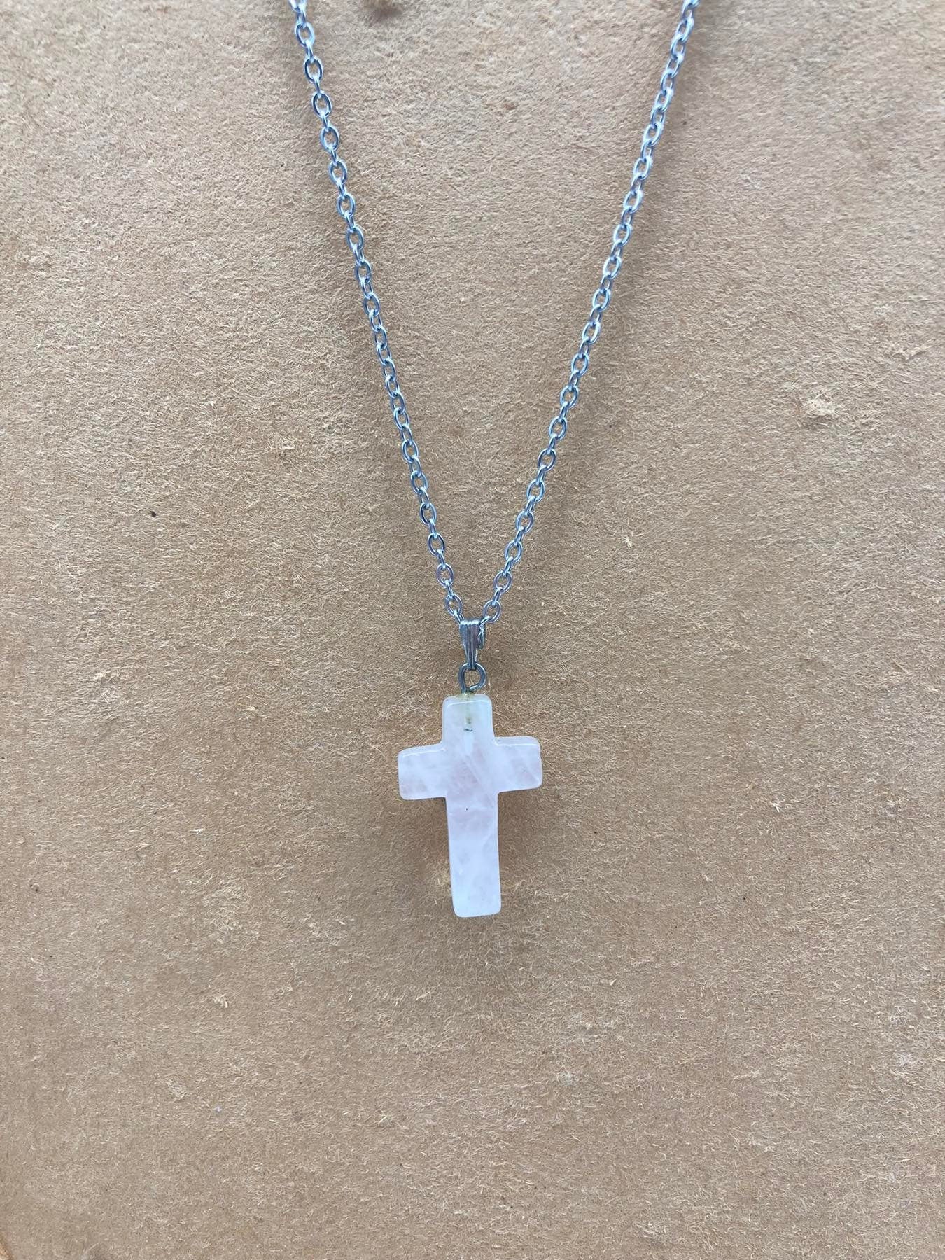 Rose Quartz Crystal Cross Sterling Steel Necklace