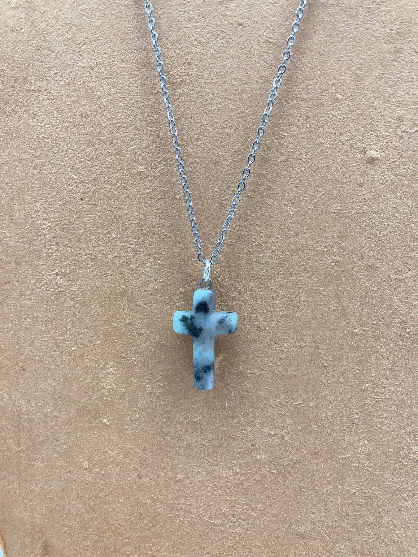 Moss Agate Crystal Cross Sterling Steel Necklace