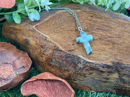 Moss Agate Crystal Cross Sterling Steel Necklace