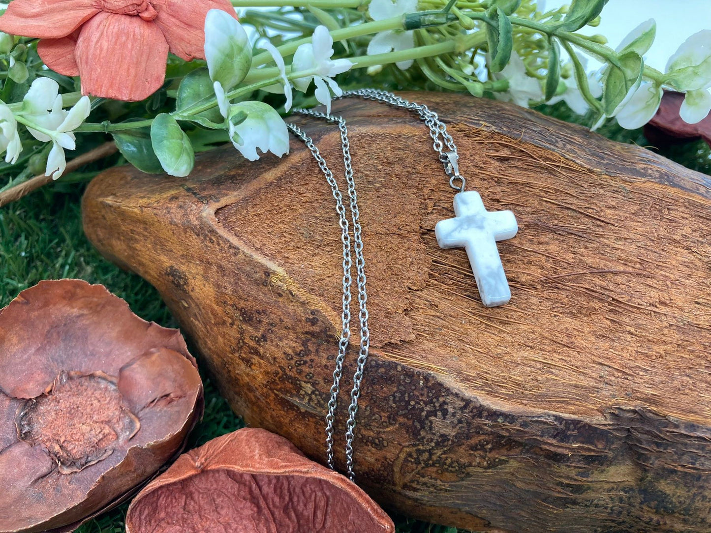 Howlite Crystal Cross Sterling Steel Necklace