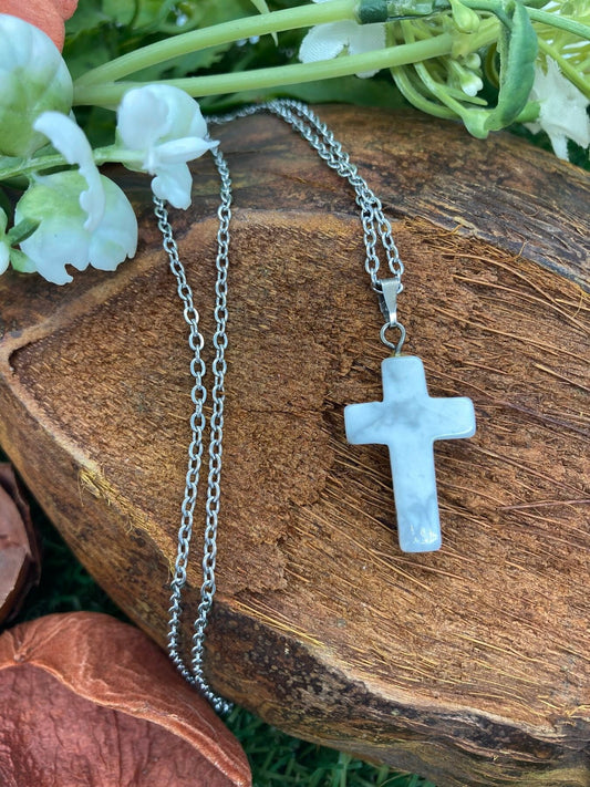 Howlite Crystal Cross Sterling Steel Necklace
