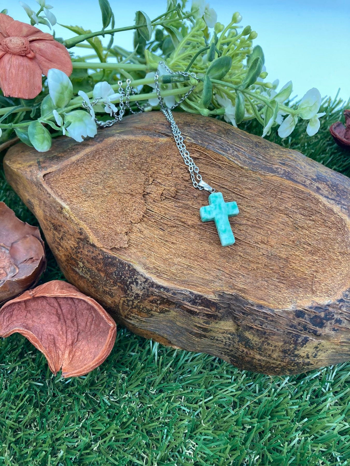 Amazonite Crystal Cross Sterling Steel Necklace