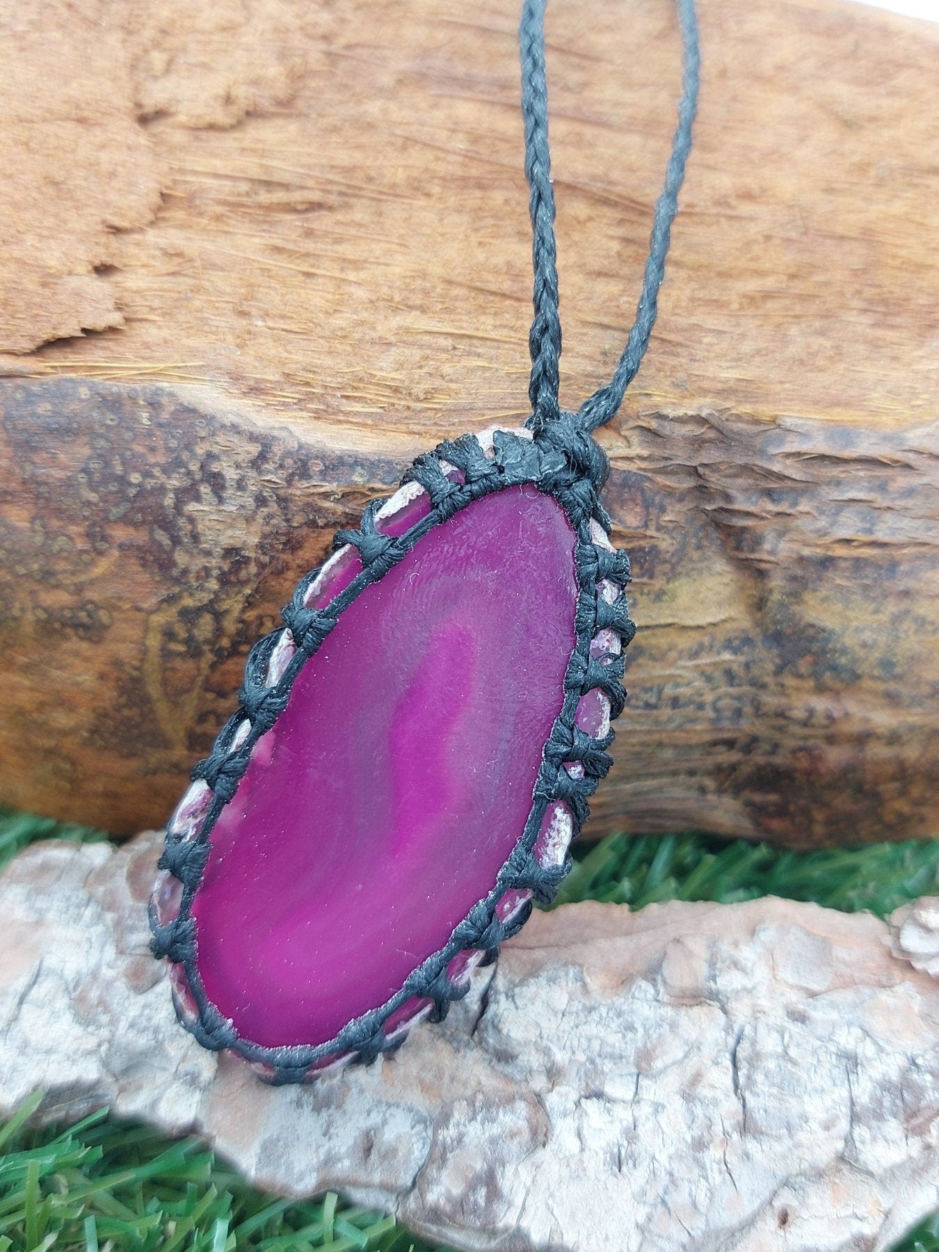 Pink Agate Crystal Macrame Necklace