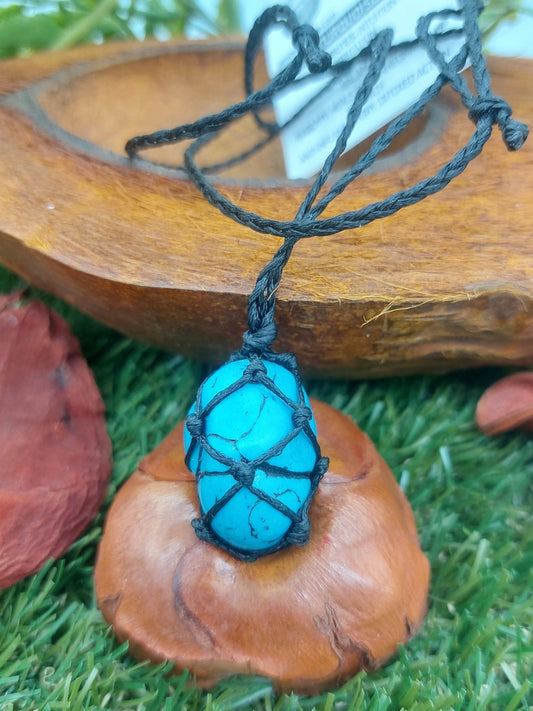 Turquoise Blue Howlite Polished Crystal Macrame Necklace