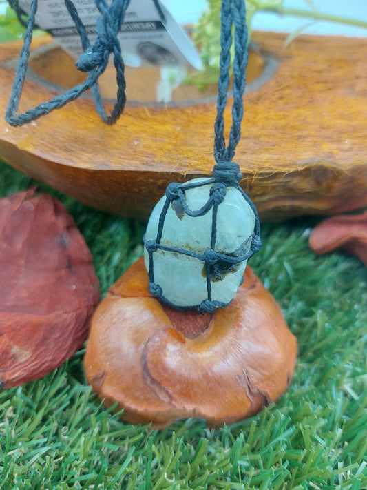 Prehnite with Βlack Tourmaline Inclusions Polished Crystal Macrame Necklace