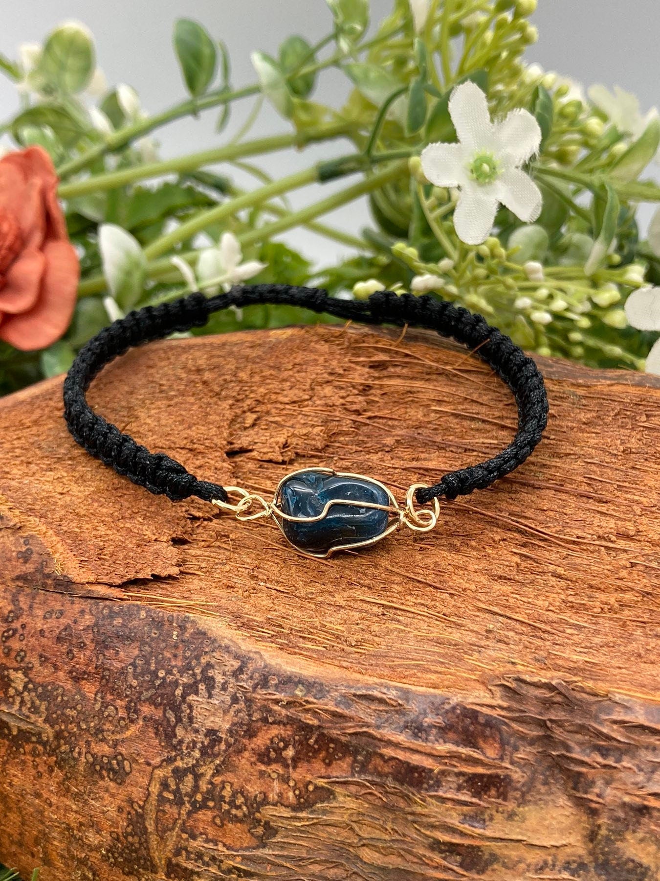 Blue Agate Crystal Macrame Bracelet with Gold Plated Wrap