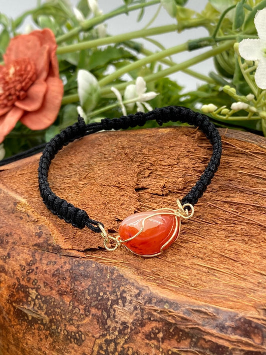 Carnelian Crystal Macrame Bracelet with Gold Plated Wrap