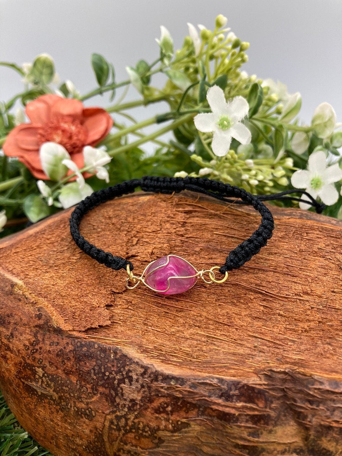 Pink Agate Crystal Macrame Bracelet with Gold Plated Wrap