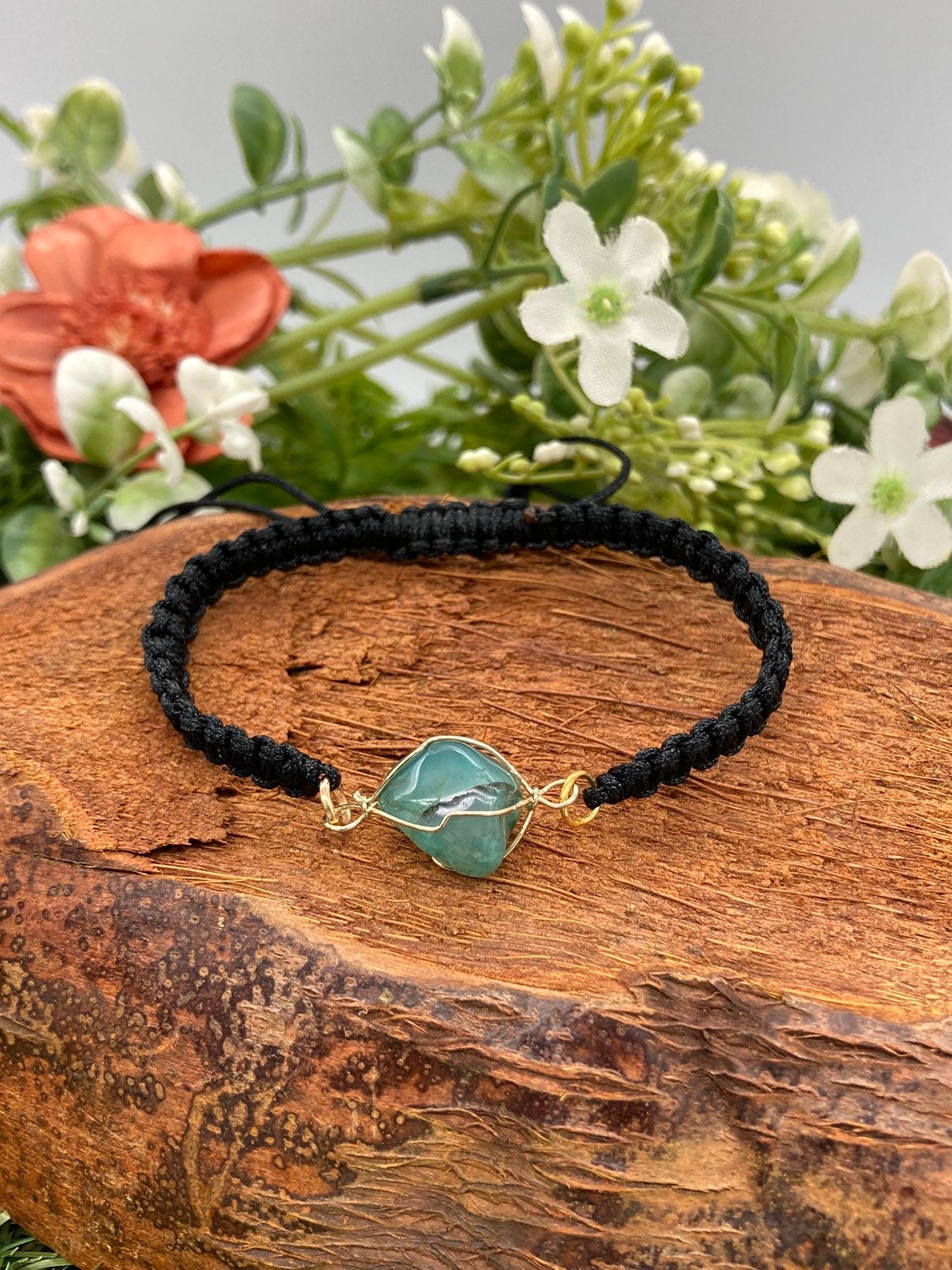 Green Agate Crystal Macrame Bracelet with Gold Pated Wrap