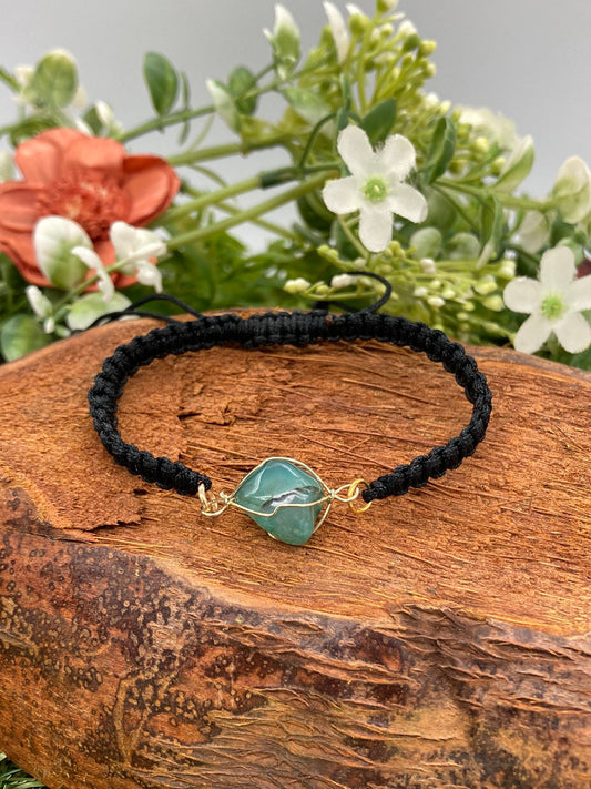 Green Agate Crystal Macrame Bracelet with Gold Pated Wrap