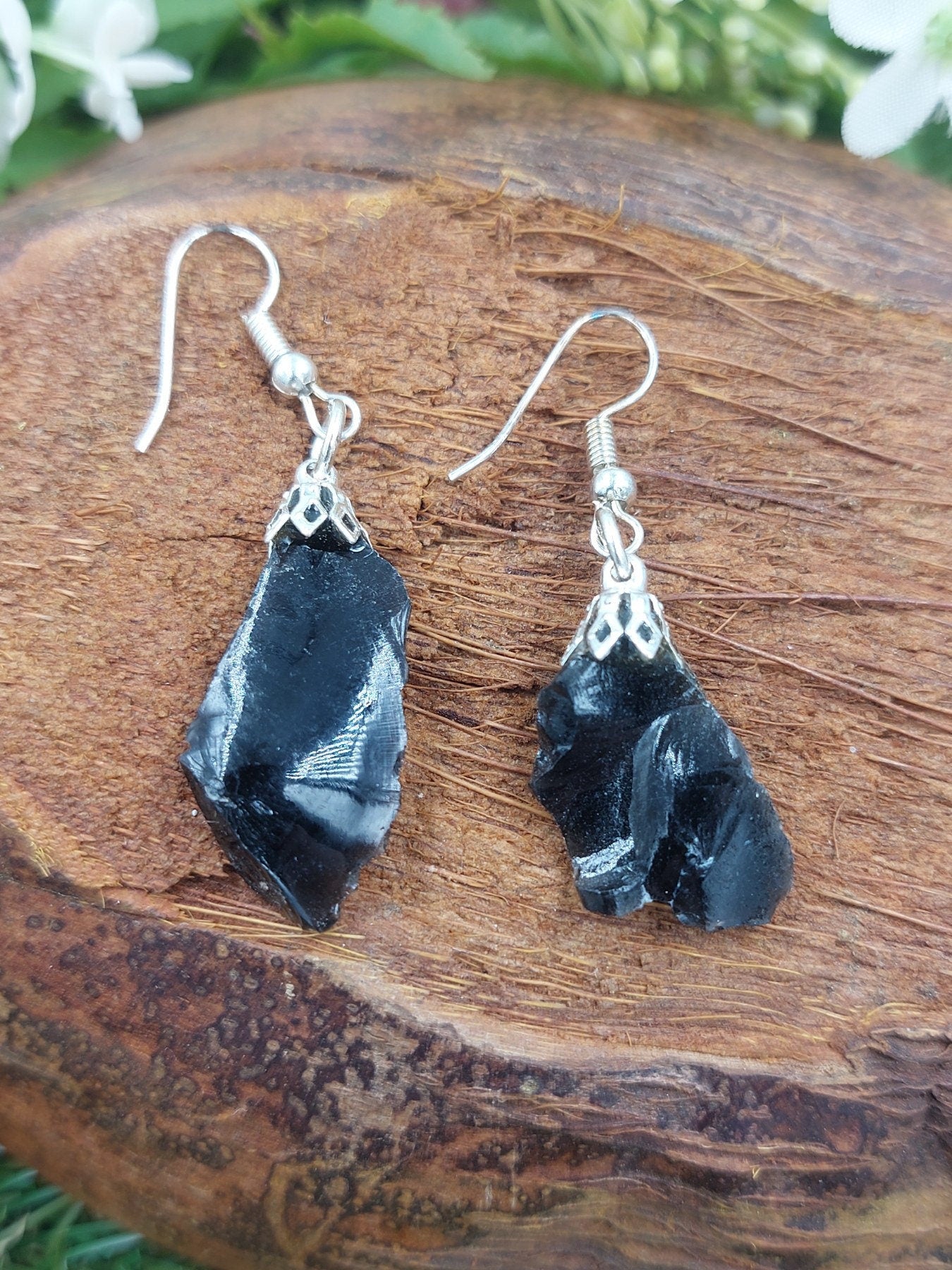 Black Obsidian Rough Crystal Earrings Handmade
