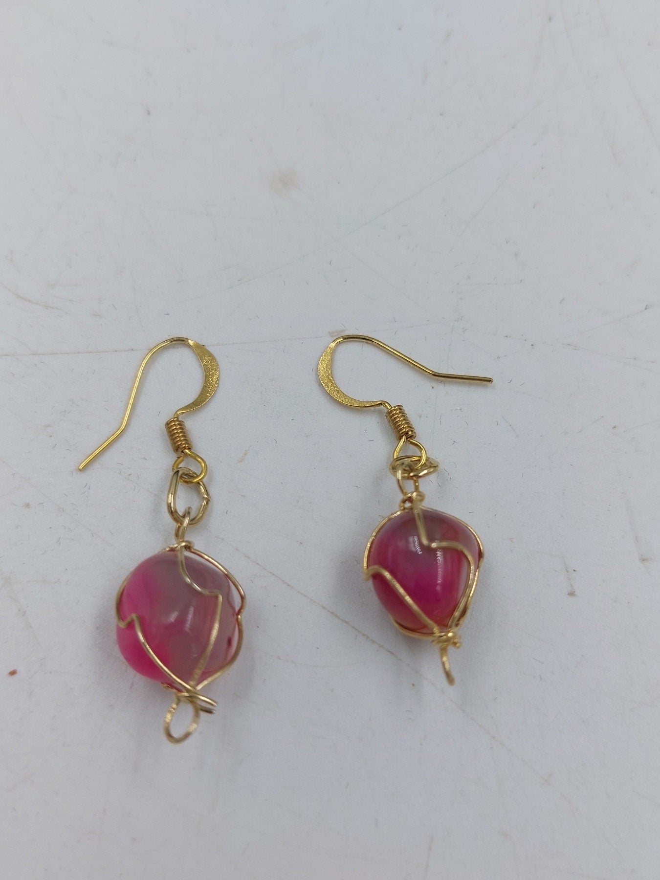 Pink Agate Crystal Earrings Gold Plated Handmade