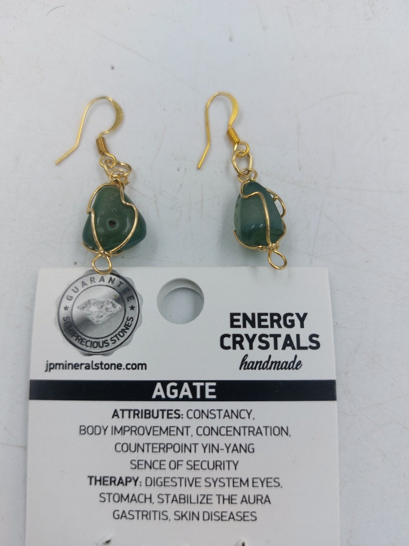 Green Agate Crystal Earrings Gold Plated Handmade