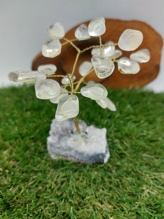 Clear Quartz Crystal Tree of Life with Amethyst Base Home Decoration