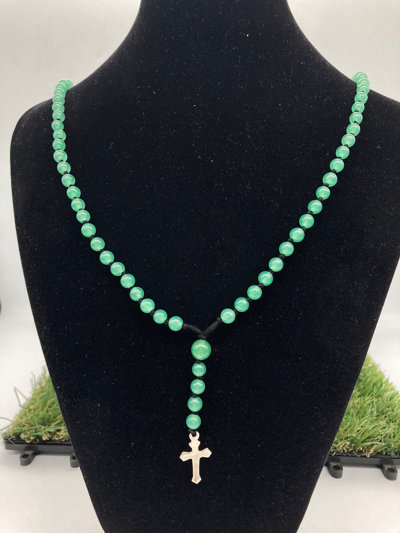 Jade Crystal Rosary Beads with 925 Sterling Silver Medal Cross Piece