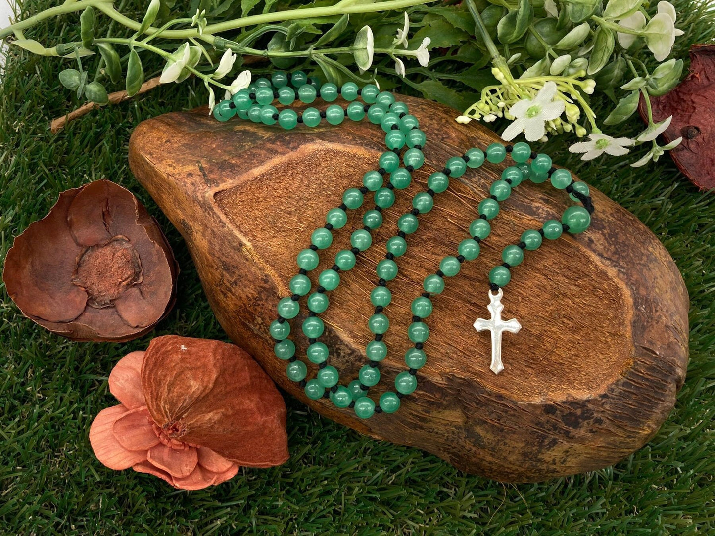 Jade Crystal Rosary Beads with 925 Sterling Silver Medal Cross Piece