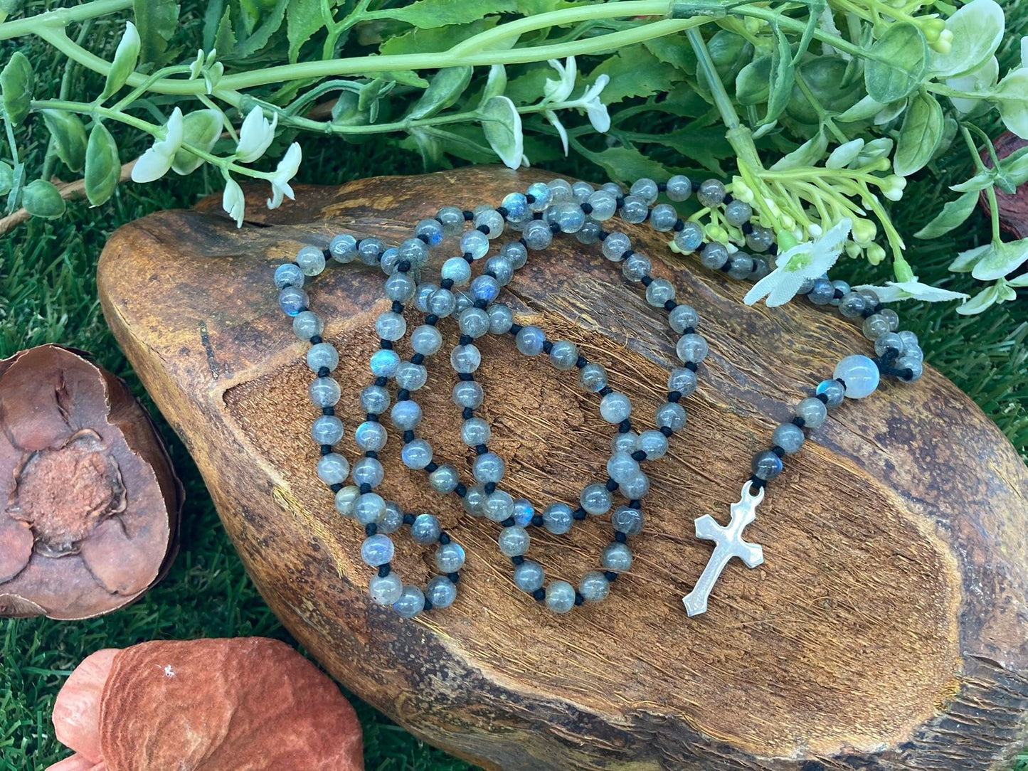 Labradorite Crystal Rosary Beads with 925 Sterling Silver Medal Cross Piece