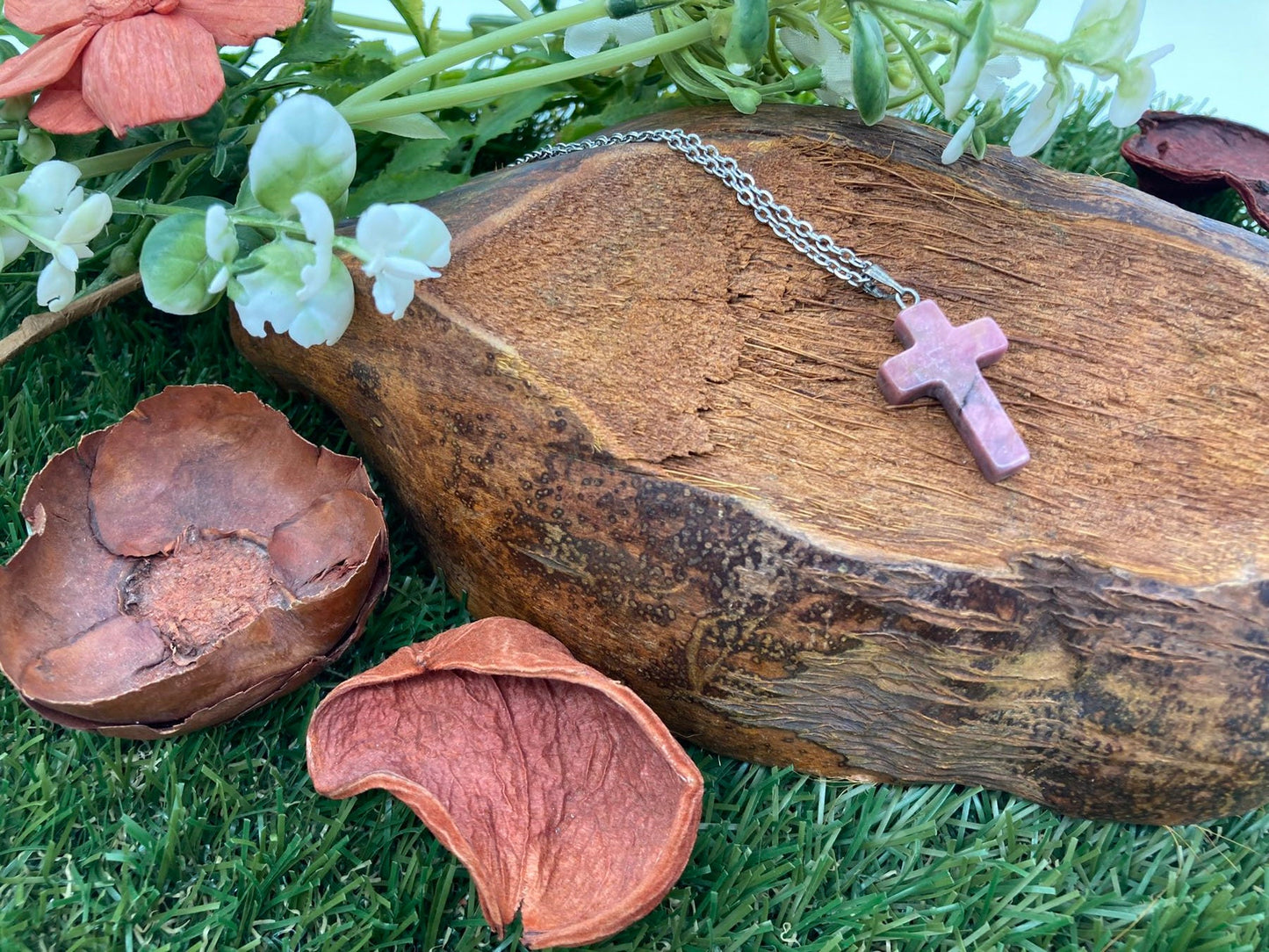 Rhodonite Crystal Cross Sterling Steel Necklace