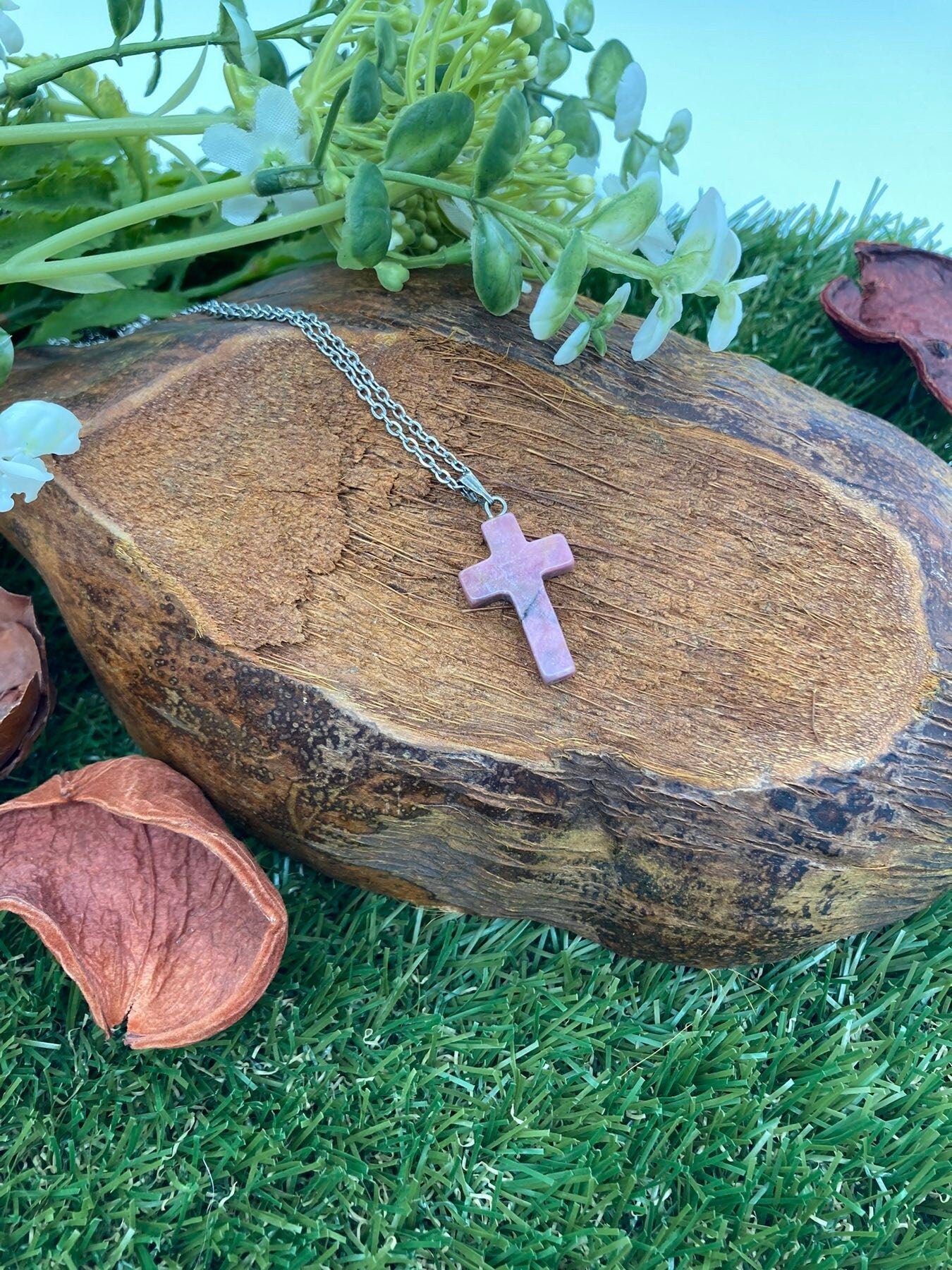 Rhodonite Crystal Cross Sterling Steel Necklace
