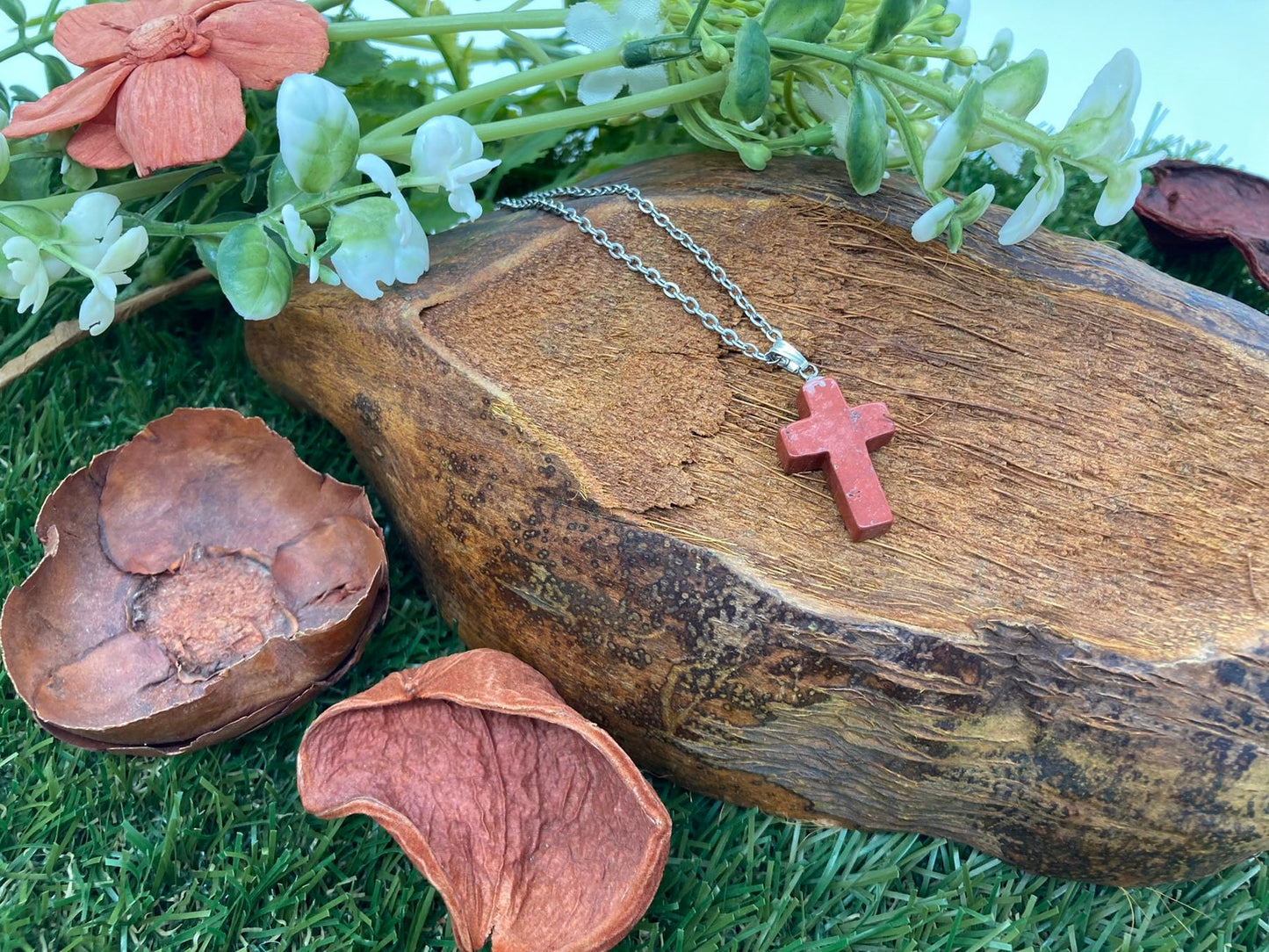 Red Jasper Crystal Cross Sterling Steel Necklace
