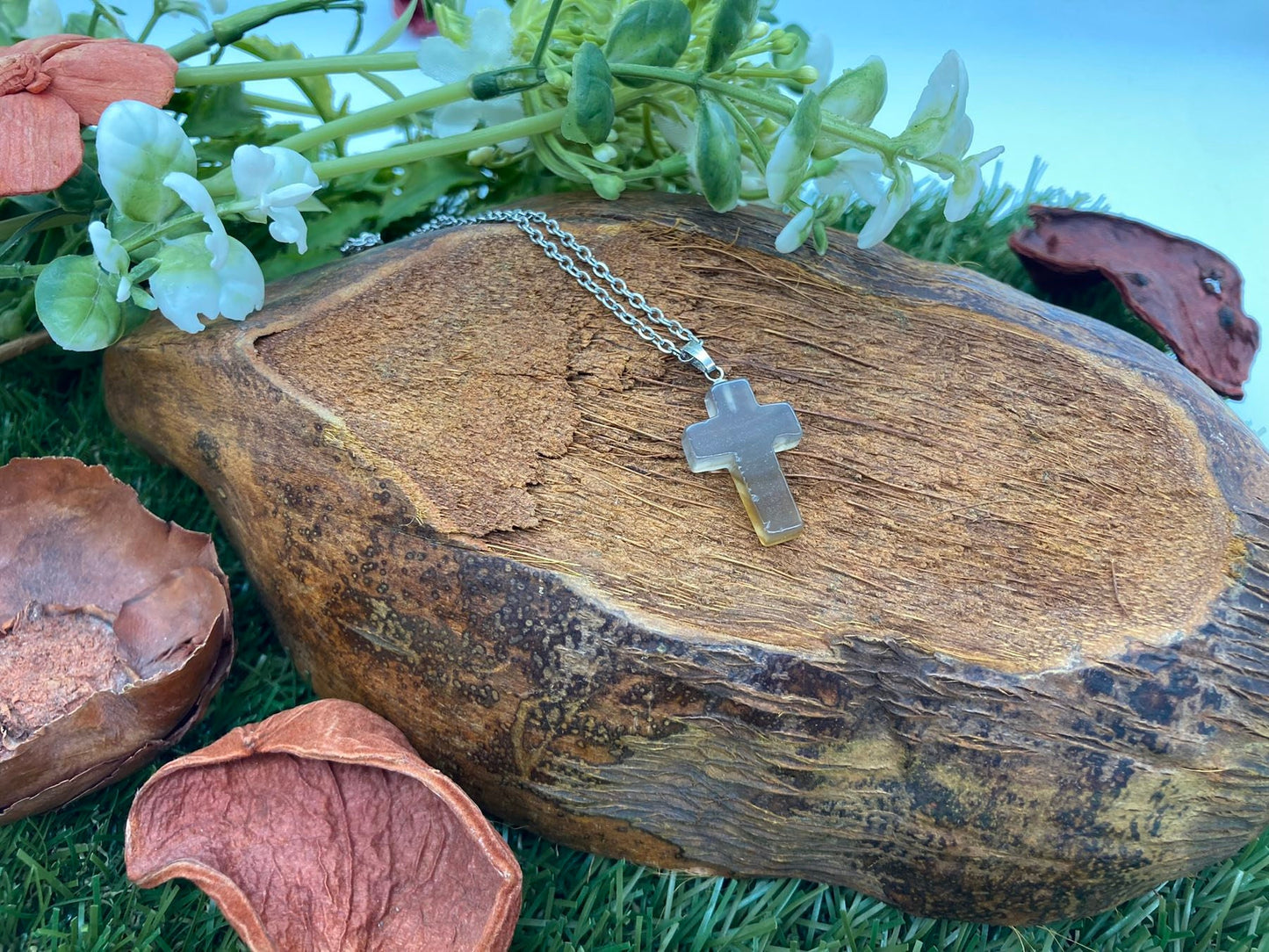 Agate Crystal Cross Sterling Steel Necklace