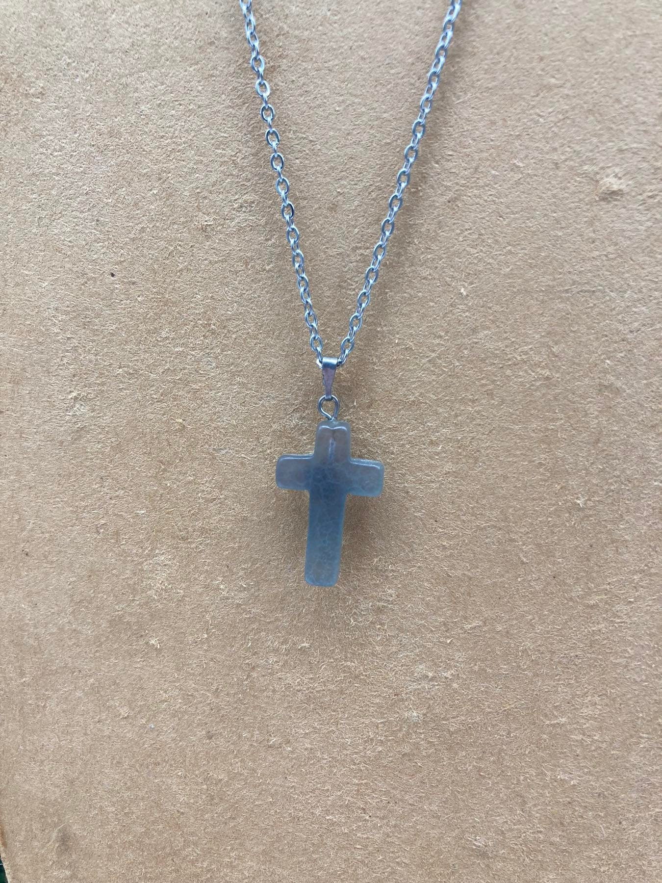 Fluorite Crystal Cross Sterling Steel Necklace