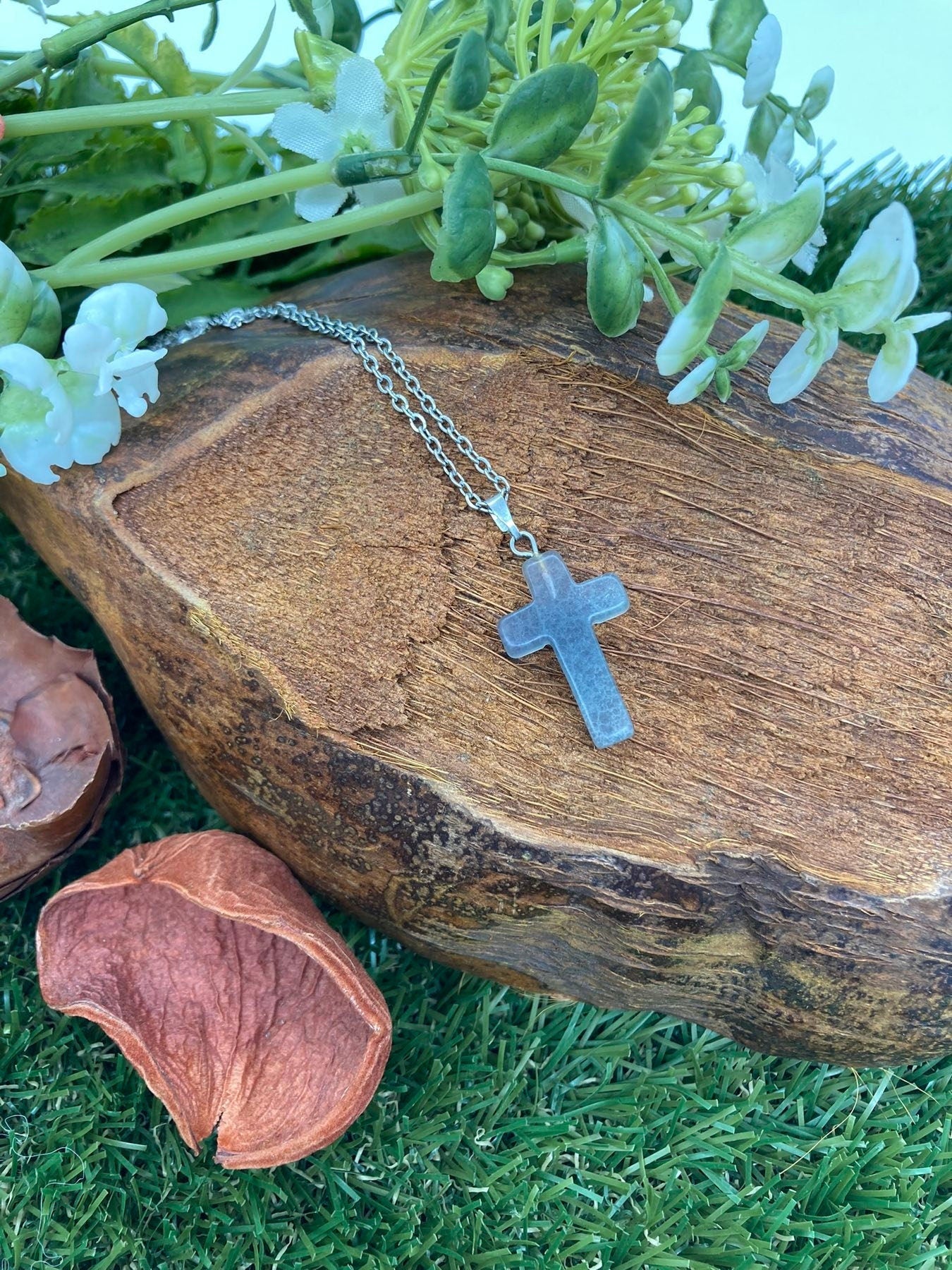 Fluorite Crystal Cross Sterling Steel Necklace
