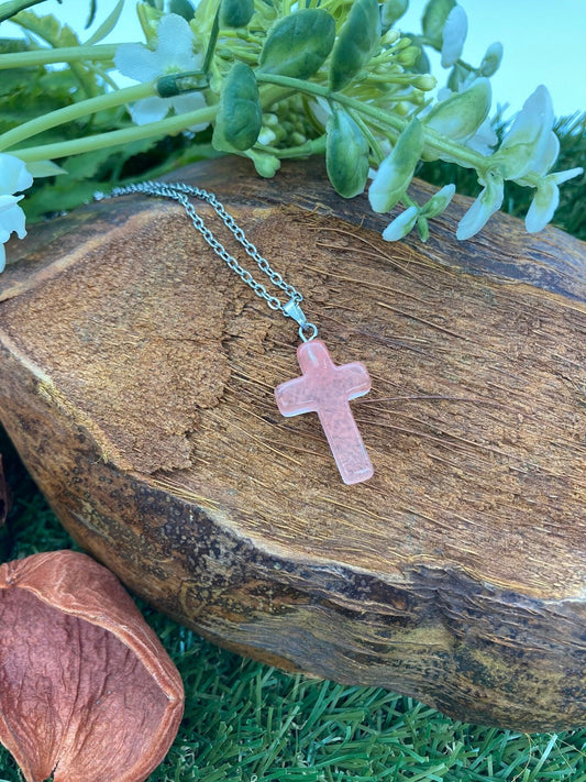 Cherry Quartz Crystal Cross Sterling Steel Necklace